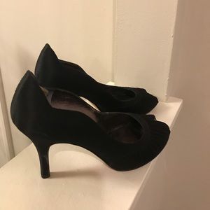Nina Black Satin Peep-toe Heels